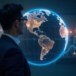 Photorealistic header: a business executive before a glowing blockchain globe and digital perpetual charts.