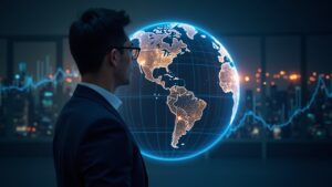 Photorealistic header: a business executive before a glowing blockchain globe and digital perpetual charts.