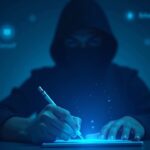 Photorealistic scene of a person signing a digital permit on a wallet, with a shadowy hacker nearby.