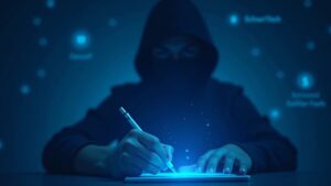 Photorealistic scene of a person signing a digital permit on a wallet, with a shadowy hacker nearby.