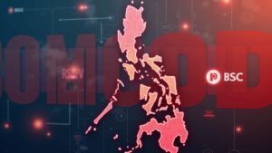 Photorealistic regulator over a map of the Philippines, blocked crypto logos behind a red barrier, BSP/NTC symbols.