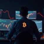 photorealistic analyst at a desk with bitcoin volatility charts, red crypto arrows, and a large bnb logo signaling risk-off.