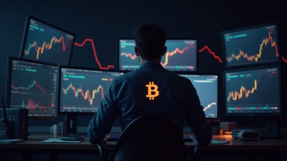 photorealistic analyst at a desk with bitcoin volatility charts, red crypto arrows, and a large bnb logo signaling risk-off.