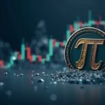 Photorealistic Pi-like crypto token hits a glass ceiling labeled 0.21 with a liquidity chart in the background.