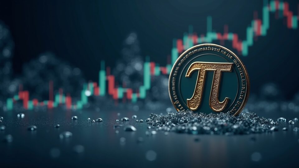 Photorealistic Pi-like crypto token hits a glass ceiling labeled 0.21 with a liquidity chart in the background.