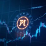 Glowing Pi Coin logo over a holographic market chart showing volatility, Open Mainnet glow and MiCA icons in a blue newsroom.