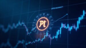 Glowing Pi Coin logo over a holographic market chart showing volatility, Open Mainnet glow and MiCA icons in a blue newsroom.