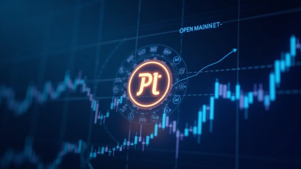 Glowing Pi Coin logo over a holographic market chart showing volatility, Open Mainnet glow and MiCA icons in a blue newsroom.
