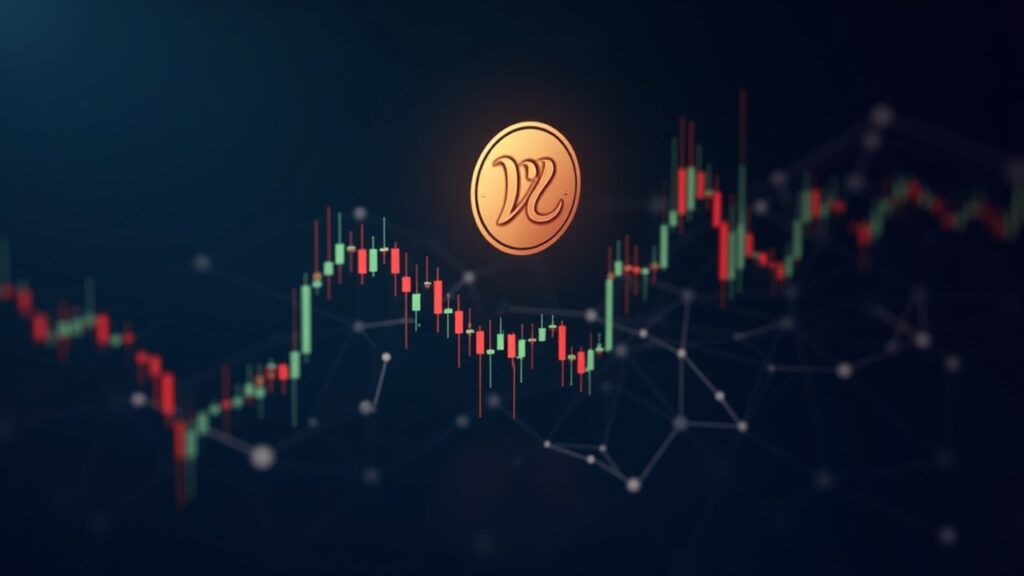 Pi Coin logo above a price chart with a 0.21 pivot and a network of decentralized nodes