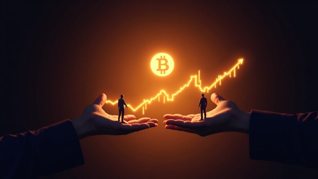 Pi Coin logo over a price chart, with retail silhouettes on one side and an institutional hand signaling market tension.