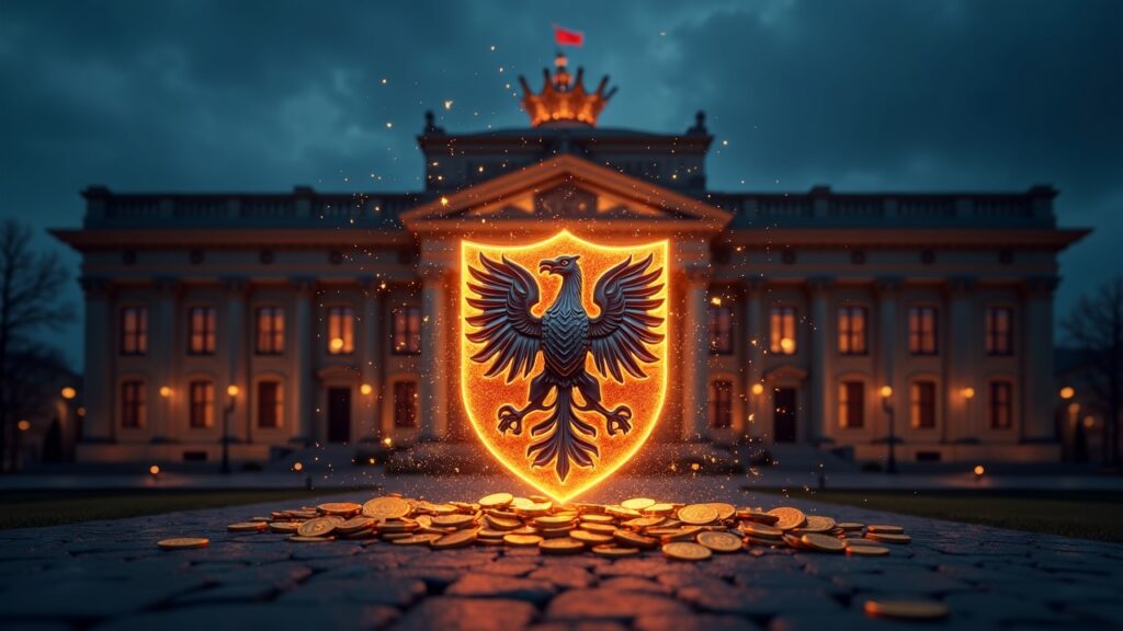Photorealistic Poland parliament facade with a glowing MiCA shield colliding with crypto coins and blockchain nodes.