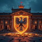 Photorealistic Poland parliament facade with a glowing MiCA shield colliding with crypto coins and blockchain nodes.
