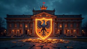 Photorealistic Poland parliament facade with a glowing MiCA shield colliding with crypto coins and blockchain nodes.