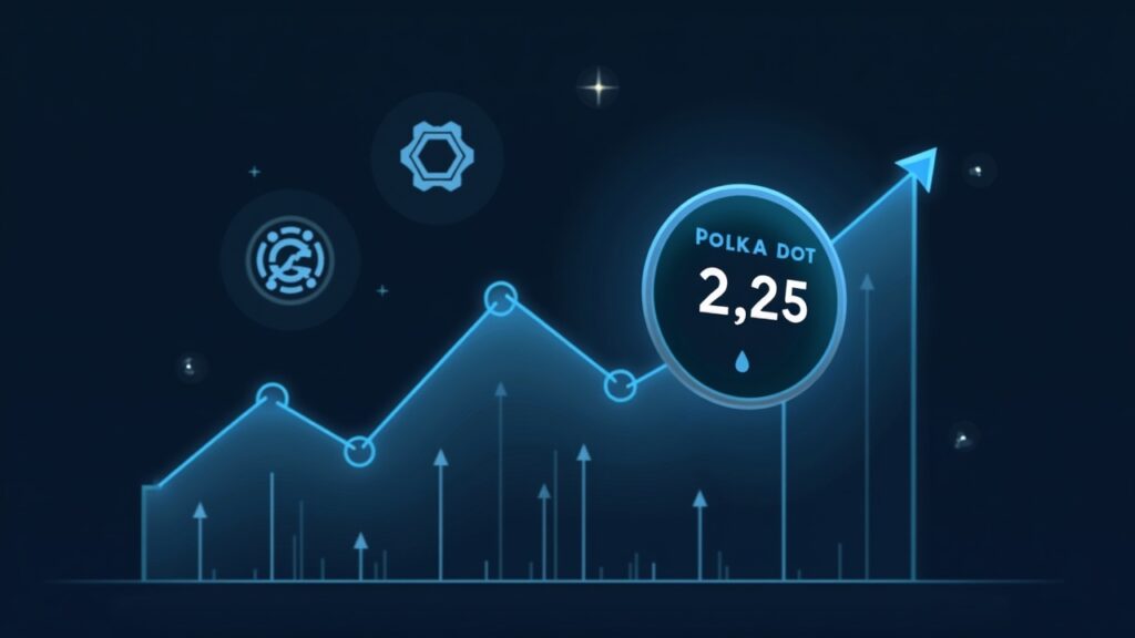 Polkadot price chart breaking above $2.25 with relay-chain and parachain icons in a newsroom-style graphic.
