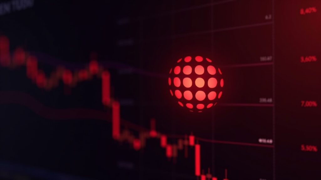 Photorealistic Polkadot DOT logo over a red-tinged bearish market chart with moving averages and governance icons.