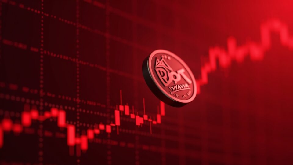 Photorealistic Polkadot-inspired token against a red market backdrop with a descending chart and bearish indicators.