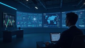 Focused trader in a sleek studio with holographic yes/no markets, event icons, AMM circuitry, Polygon glow, and a 4% badge.
