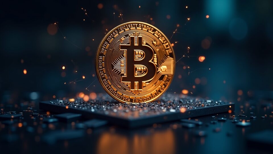 Bitcoin symbol with a sleek quantum computer in a photorealistic scene, subtle post-quantum glyphs.