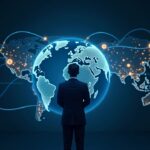 Photorealistic header showing a suited executive, a holographic globe with blockchain nodes, and streams of USDC across a world map.