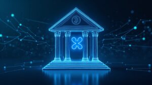 Photorealistic bank facade with Ripple logo; XRP as a bridge between payment networks, RLUSD visuals in blue tech style.