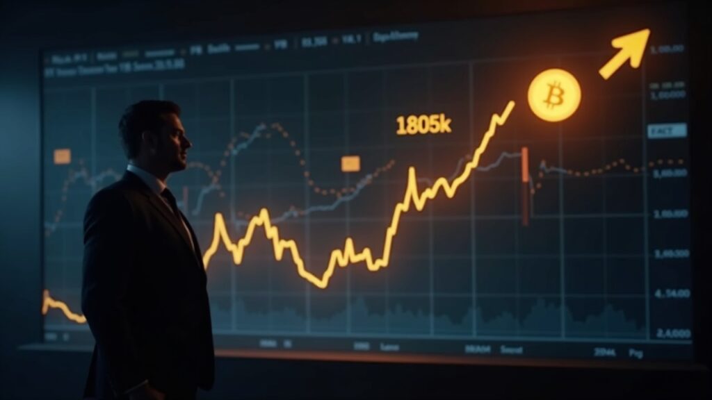Photorealistic CEO silhouette beside a rising Bitcoin chart to 180k by 2026, with diverging Binance and Solana arrows.