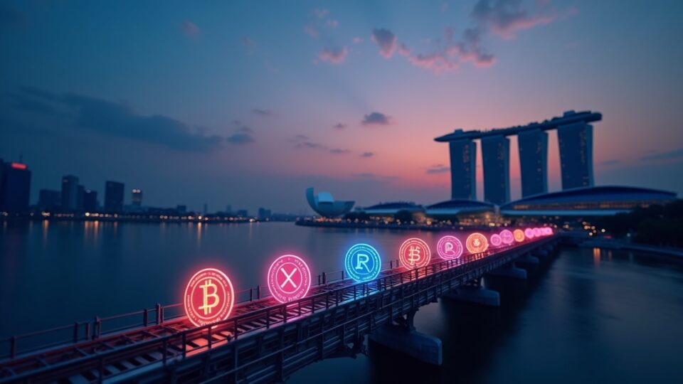 Ripple logo over Singapore skyline at dusk with glowing XRP and RLUSD tokens on a digital cross-border payments rail