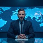 Realistic portrait of a confident fintech executive at a newsroom desk, RLUSD holograms and multichain visuals in blue.