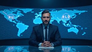 Realistic portrait of a confident fintech executive at a newsroom desk, RLUSD holograms and multichain visuals in blue.