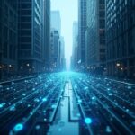 Photoreal glass bridge between Wall Street towers and a glowing on-chain network, symbolizing institutional tokenized markets.