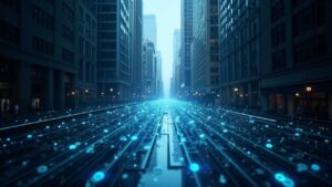 Photoreal glass bridge between Wall Street towers and a glowing on-chain network, symbolizing institutional tokenized markets.