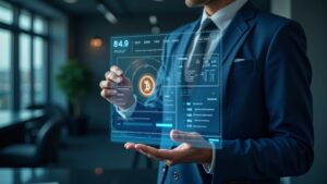 Bank broker in a modern office trades BTC and ETH on a holographic ledger, depicting riskless principal trades.