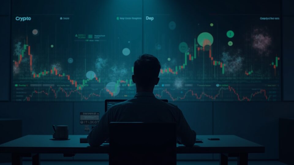 Photorealistic header: trader at a sleek desk as Robinhood fades, stocks plunge and crypto surges.