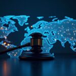 Mining rig in a high-tech data room with a translucent Russia map and a gavel