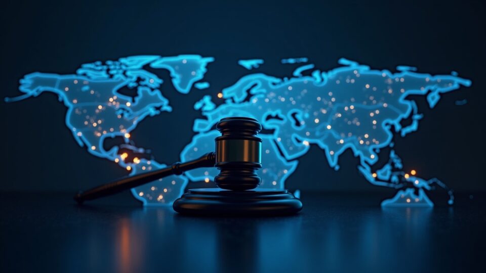 Mining rig in a high-tech data room with a translucent Russia map and a gavel