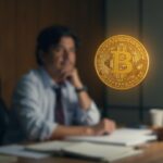 Salvadoran official at a desk with Bitcoin icon above and a blurred IMF stamp, signaling voluntary adoption and tighter regulation.