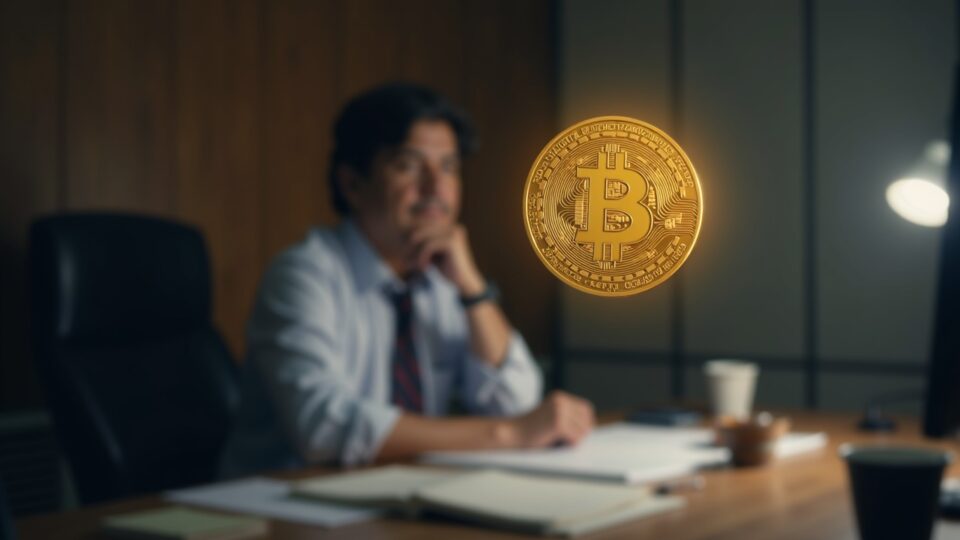 Salvadoran official at a desk with Bitcoin icon above and a blurred IMF stamp, signaling voluntary adoption and tighter regulation.