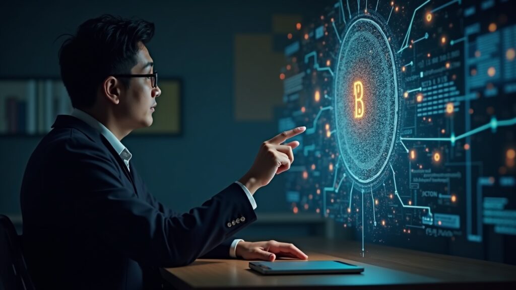 Salvadoran classroom scene with a teacher guiding a Grok hologram, data streams and a sovereign AI shield in the background.