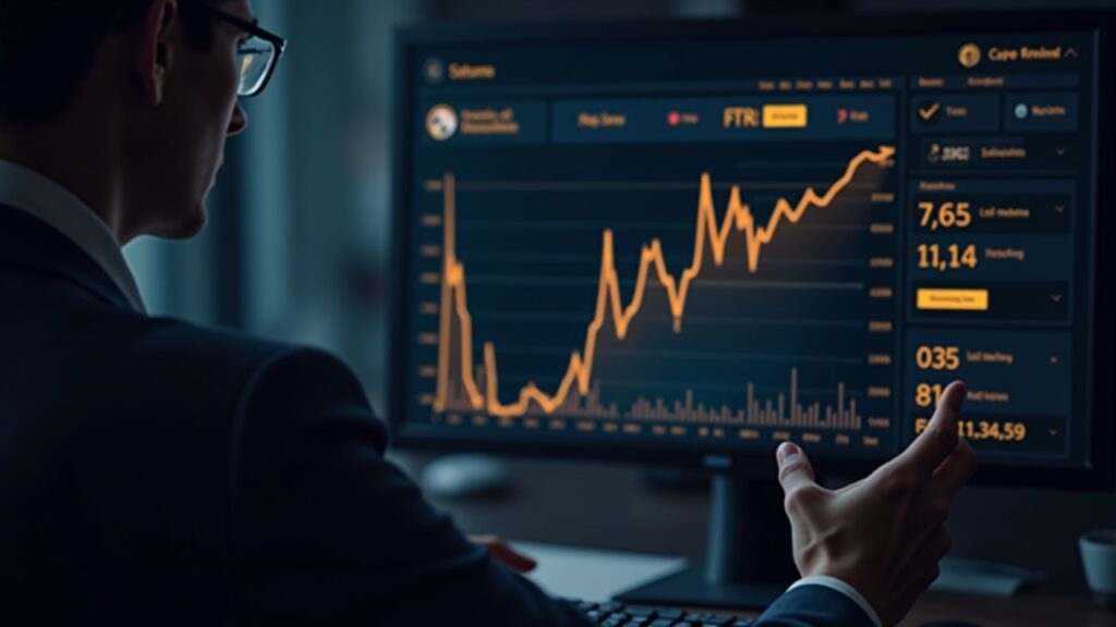 Business executive reviews a glowing Bitcoin balance dashboard with a downtrend chart, illustrating Satsuma's 579 BTC sale.
