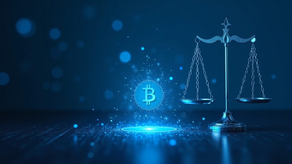 Blue-lit Bitcoin mining facility beside scales of justice and a glowing digital ledger, symbolizing regulatory scrutiny.