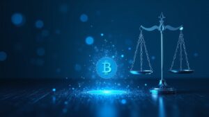 Blue-lit Bitcoin mining facility beside scales of justice and a glowing digital ledger, symbolizing regulatory scrutiny.