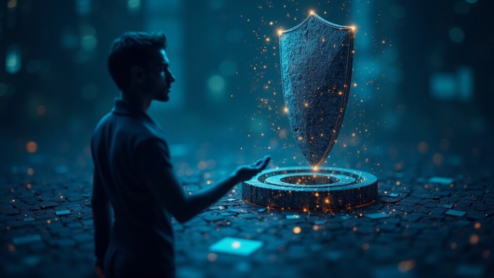 Regulator faces a blockchain network with a shield over a wallet, illustrating privacy vs surveillance.