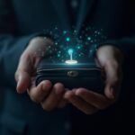 Photorealistic broker with a secure hardware wallet and private keys, blockchain glow symbolizing crypto custody and ATS scrutiny