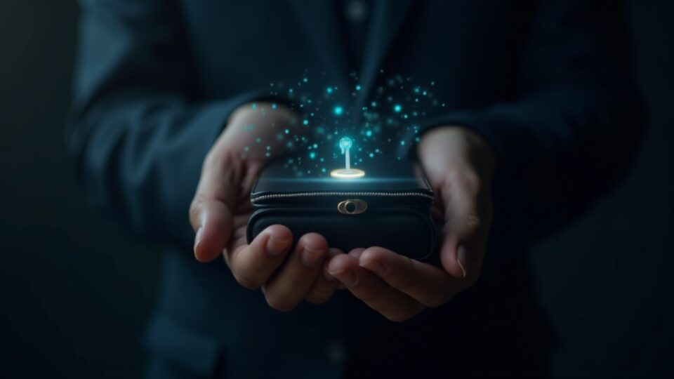 Photorealistic broker with a secure hardware wallet and private keys, blockchain glow symbolizing crypto custody and ATS scrutiny