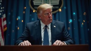 A suited SEC regulator at a desk with token ledgers and glowing blockchain icons, signaling intensified crypto oversight.