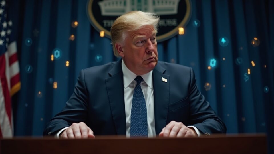 A suited SEC regulator at a desk with token ledgers and glowing blockchain icons, signaling intensified crypto oversight.