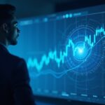Photorealistic trader facing a holographic stock board morphing into blockchain nodes in blue-silver tones.