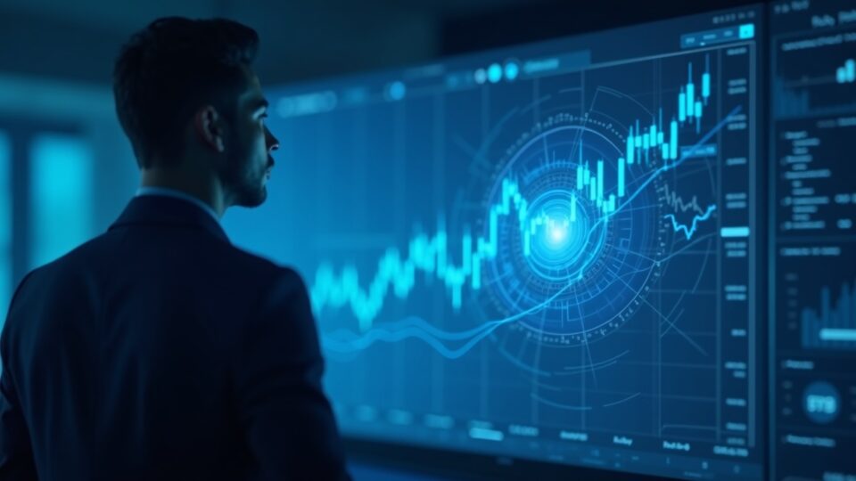 Photorealistic trader facing a holographic stock board morphing into blockchain nodes in blue-silver tones.
