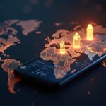 Xiaomi phone in foreground showing the Sei wallet with a glowing global map of retail stores and stablecoins, signaling instant crypto access.