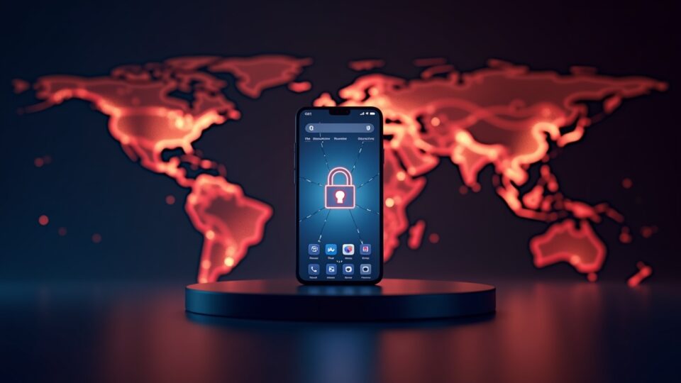 Photorealistic Xiaomi phone with an MPC-enabled wallet UI; glowing lines connect to a world map.