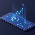 Photorealistic phone screen with SKR logo, Solana-style dashboard, and upward-trending charts.